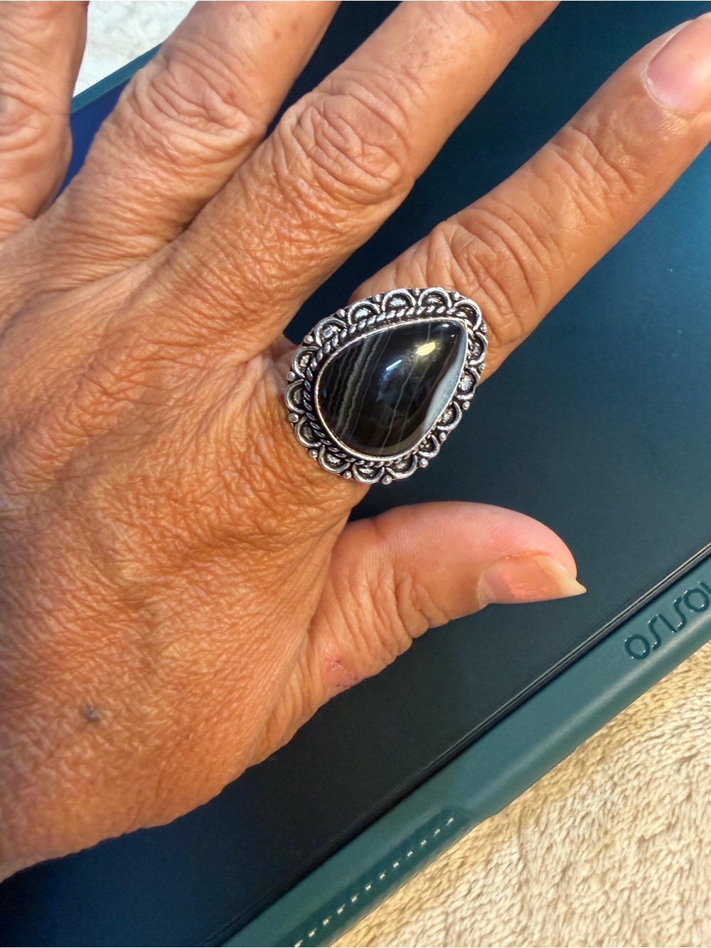 925 silver tourmaline brandedBlack Teardrop Stone Statement Ring - Women 8.5